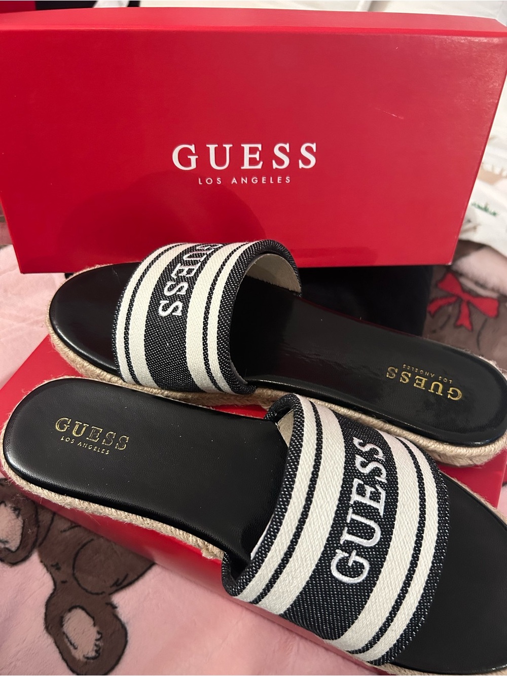 GUESS Black and White Striped Slide Sandals
